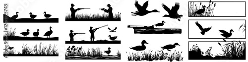 Various silhouettes of ducks and hunting scenes in a natural wetlands environment during dusk