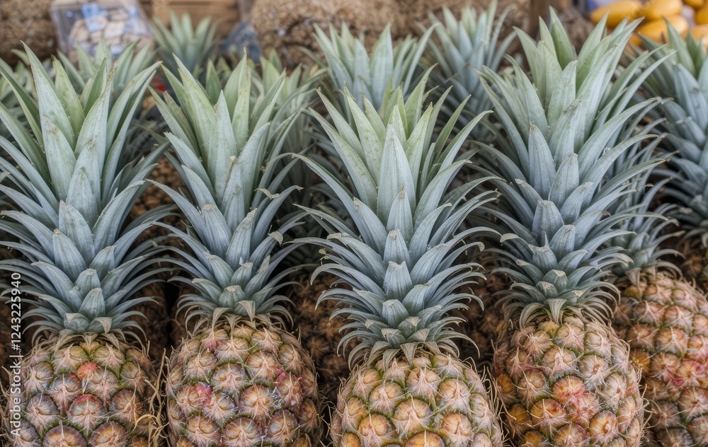 A display of fresh pineapples for sale at a market A display of fresh pineapples for sale at a market