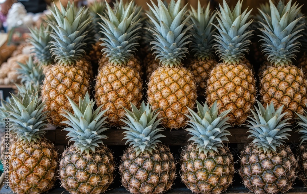 A display of fresh pineapples for sale at a market A display of fresh pineapples for sale at a market