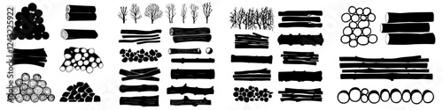 Various forms of wooden logs and branches arranged symmetrically on a white background