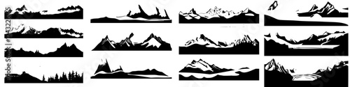 Mountain silhouettes showcasing diverse landscapes at dusk in a stylized black and white format