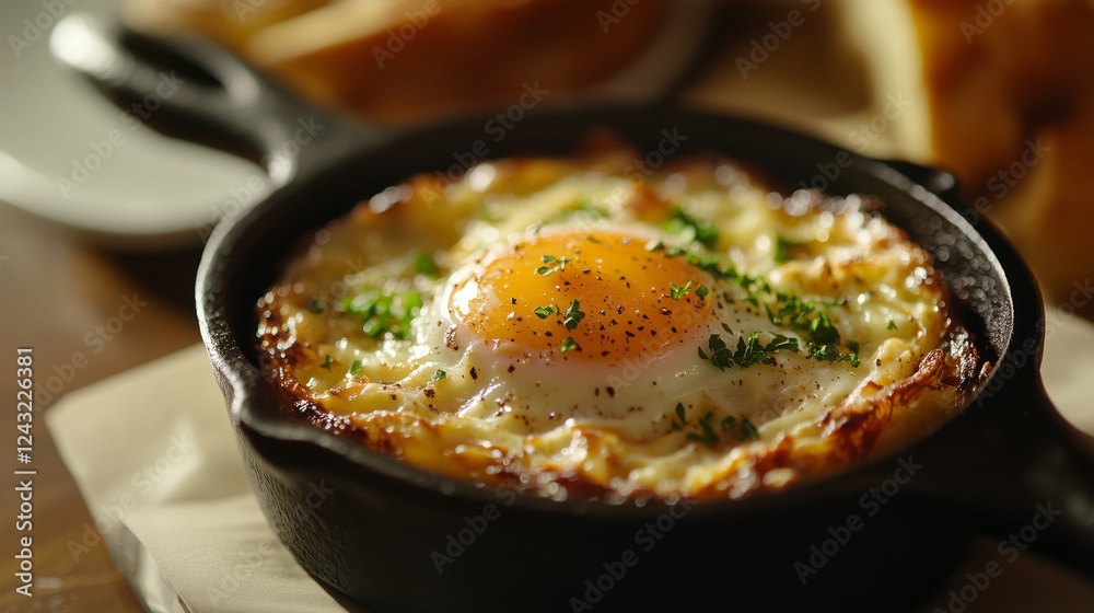 Freshly baked egg with herbs in a cast iron skillet, perfect cozy breakfast served warm and ready to enjoy. Freshly baked egg with herbs in a cast iron skillet, perfect cozy breakfast served warm and ready to enjoy.