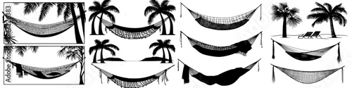 Various hammocks shown under palm trees in a tropical setting during sunset