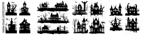 Collection of spooky silhouette haunted houses perfect for Halloween decorations