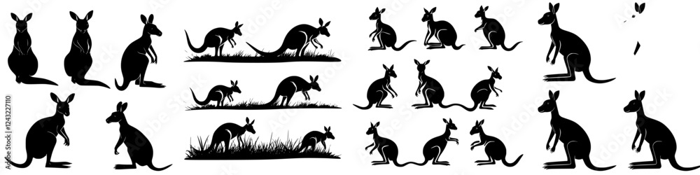 Illustrations of kangaroos in various poses showcasing their movement and behavior in a natural setting Illustrations of kangaroos in various poses showcasing their movement and behavior in a natural setting