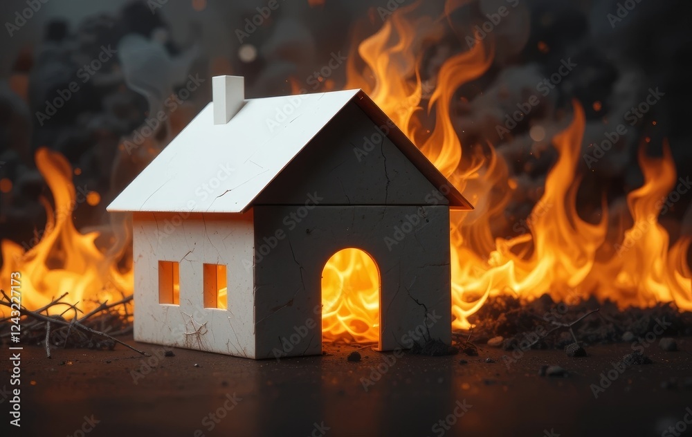 Fototapeta premium A paper house on fire against a dark background