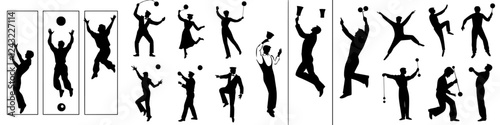 Dynamic silhouettes of performers engaged in various acrobatic activities during a lively outdoor festival celebration