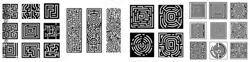 Complex black and white patterns showcasing various maze and labyrinth designs for artistic exploration