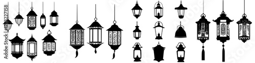 Lanterns of various designs hang in a decorative display showcasing intricate patterns and shapes in a dimly lit space