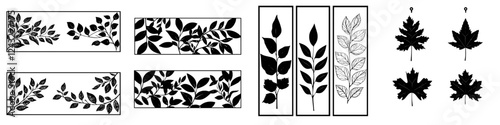 Leaf silhouettes in decorative panels showcasing various natural shapes and forms in a minimalist design style