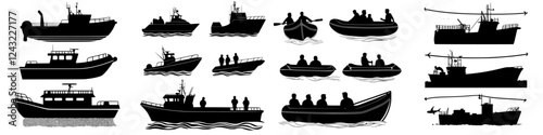 Different types of boats and vessels engaged in various maritime activities on the water