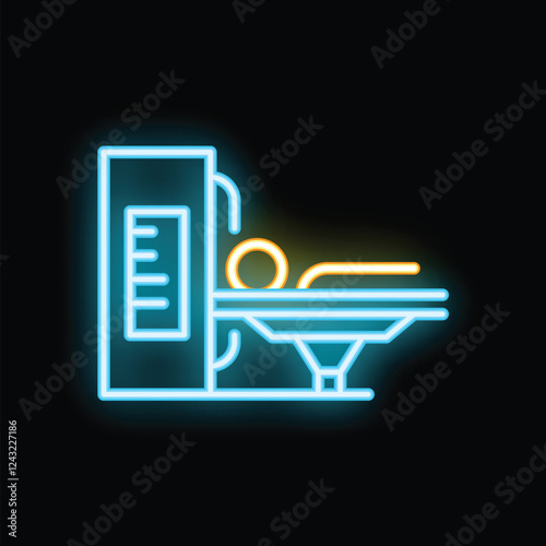 Glowing neon icon representing a patient lying in a medical bed, potentially undergoing a medical scan or treatment
