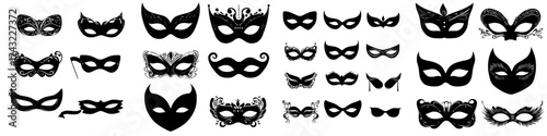 Collection of various decorative masquerade masks displayed on a white background for artistic purposes