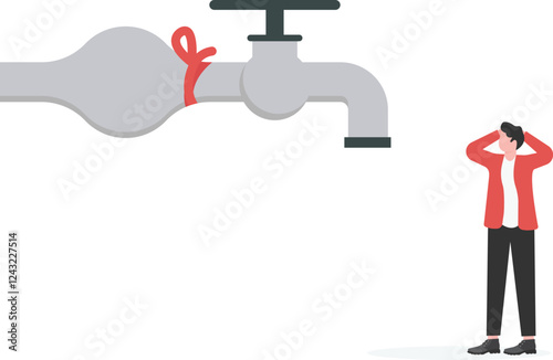 Business concept vector illustration of an exhausted businessman approaching a tied up water tap flows with bank notes

