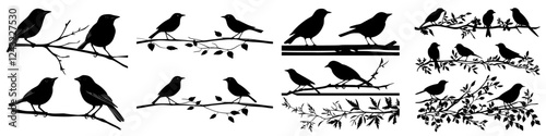 Wallpaper Mural Decorative silhouettes of birds perched on branches with foliage in various poses and arrangements Torontodigital.ca