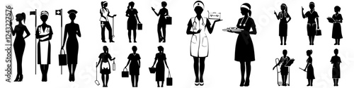 Silhouettes of diverse women representing various professions in a creative design