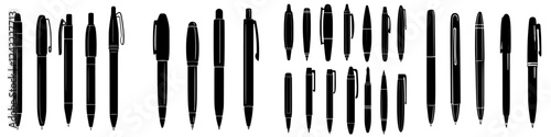 Variety of black pens displayed in a creative arrangement on a white background