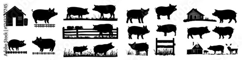 Collection of silhouettes of pigs, farmhouses, and fences against a white background for design purposes