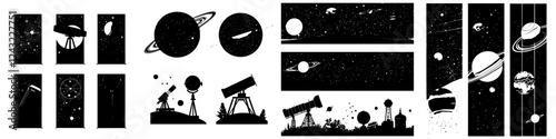 Creativity shapes in black and white showcasing celestial bodies and telescopes for astronomy enthusiasts