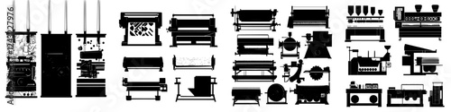 Variety of industrial machinery and equipment displayed in a workshop setting for manufacturing processes