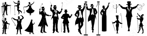 Silhouettes of magicians and performers engaging in various acts during a theatrical performance at a grand venue