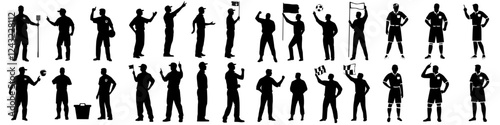 Silhouettes of diverse individuals engaged in various activities in a dynamic sports environment at a community event