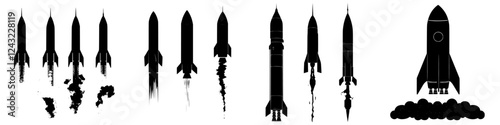 Various rocket silhouettes illustrating stages of launch and ascent in a space exploration setting
