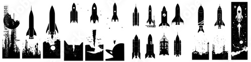 Silhouetted rockets in various designs set against a starry backdrop showcasing space exploration themes