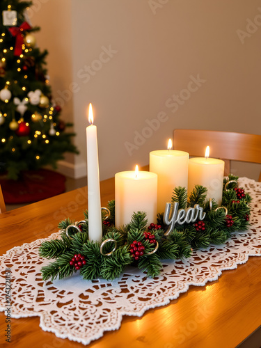 Christmas candles with new year accessorise  on the warm wooden table. photo