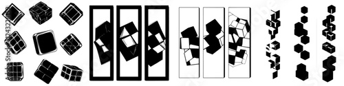 Abstract black and white geometric shapes arranged in various patterns on a flat surface
