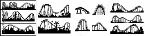 Various roller coaster designs showcasing thrilling amusement park rides in simple black silhouettes against a white backdrop