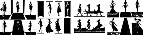 Fashion silhouettes depicting elegant models walking the runway in various stylish outfits during a vibrant fashion show