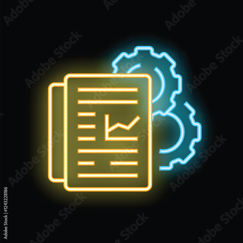 Neon glowing icon of a document with a chart and gears, representing workflow automation and business process optimization