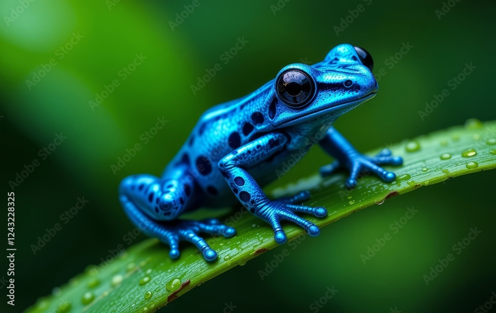 Obraz premium A close-up photo of a blue poison dart frog on a green leaf