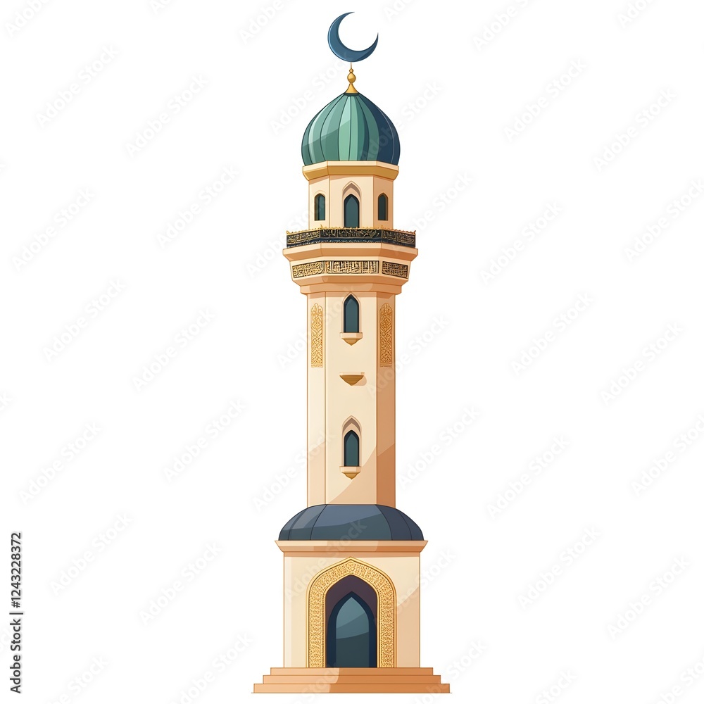 Mosque Minaret with Crescent Moon isolated on White Background, minimalistic illustration Mosque Minaret with Crescent Moon isolated on White Background, minimalistic illustration