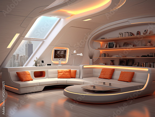 Futuristic Living Room Interior Design with City View