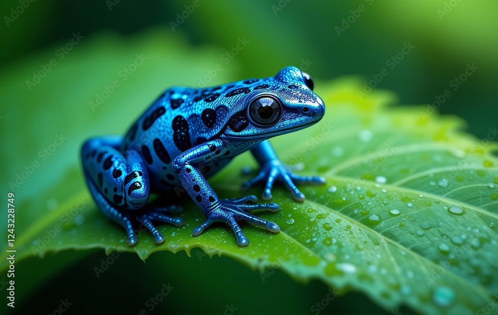 Obraz premium A close-up photo of a blue poison dart frog on a green leaf, with intricate details and vivid colors.