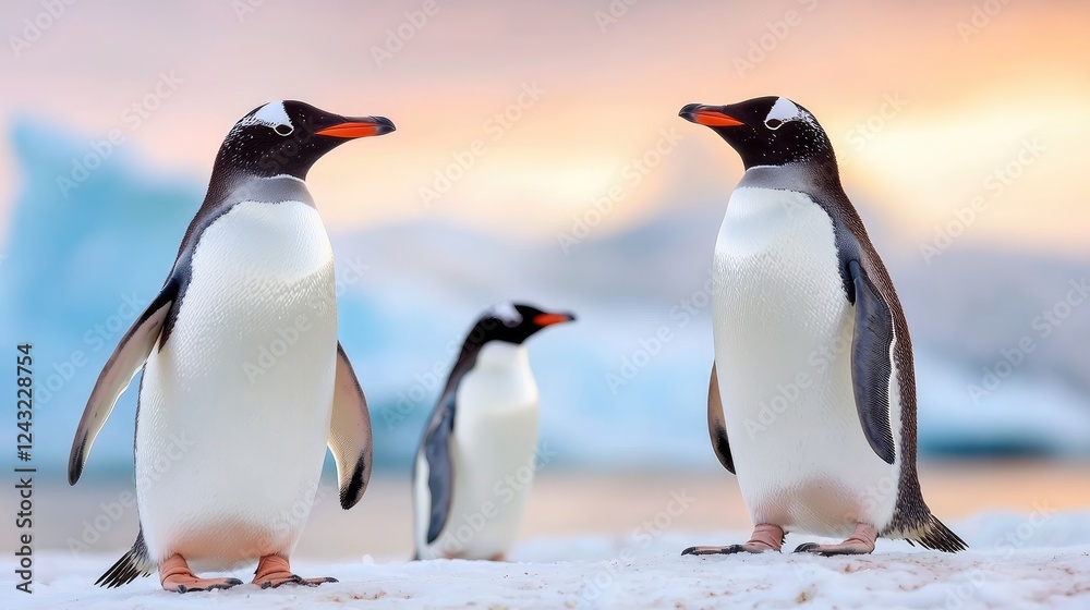 Fototapeta premium Antarctic penguins sunset icebergs wildlife