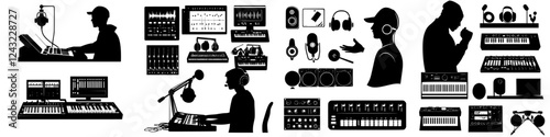 Creative individuals engaged in music production and sound design in a digital studio setting