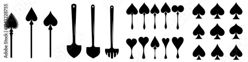 Various black spade symbols and tools arranged creatively for design purposes