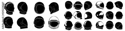 Collection of various helmet designs showcasing the evolution of space exploration headgear over time