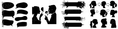Silhouettes of conversation bubbles and couples engaged in dialogue in a creative design