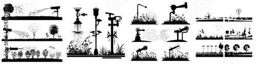 Various watering tools and irrigation methods for gardens and lawns in a creative layout
