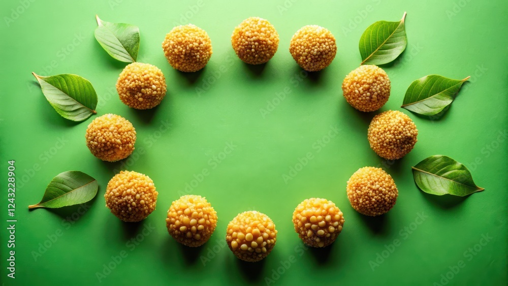 Fototapeta premium Sweet golden spheres arranged in a circular frame with vibrant green leaves