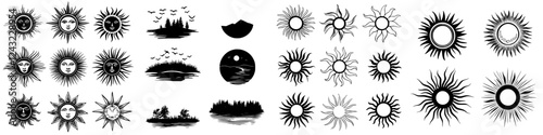 Diverse black and white illustrations of suns, faces, and landscapes in a creative arrangement for artistic inspiration