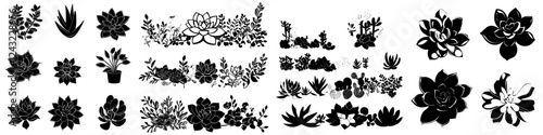 Collection of various black silhouettes of succulent plants arranged artistically in a seamless pattern
