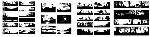 Nature silhouettes showcase diverse wildlife in tranquil settings at various times of day