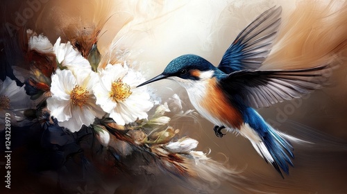 Blue Hummingbird Nearing White Blossom Dynamic Abstract Painting