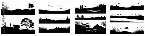 Collection of silhouette landscapes featuring diverse natural scenes and activities in various outdoor settings across different times