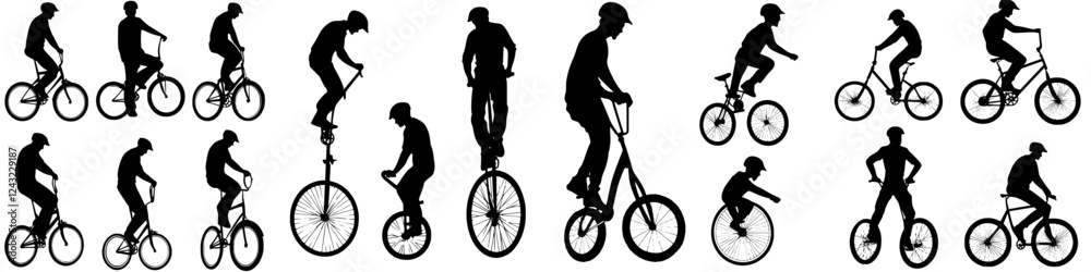 Obraz premium Various silhouettes of individuals performing tricks and stunts on different types of bicycles in a dynamic arrangement